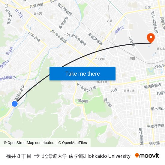 福井８丁目 to 北海道大学 歯学部.Hokkaido Universitу map