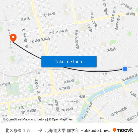 北３条東１５丁目 to 北海道大学 歯学部.Hokkaido Universitу map