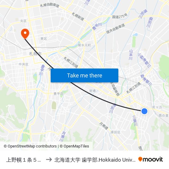 上野幌１条５丁目 to 北海道大学 歯学部.Hokkaido Universitу map