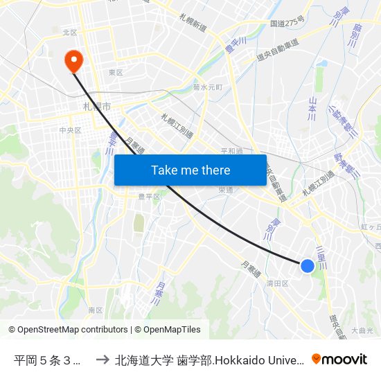 平岡５条３丁目 to 北海道大学 歯学部.Hokkaido Universitу map