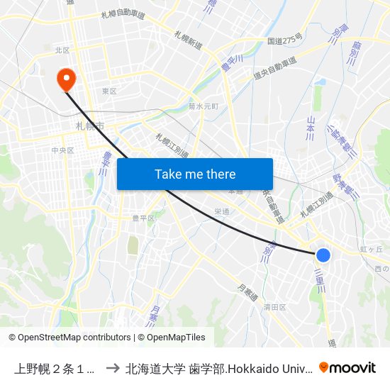 上野幌２条１丁目 to 北海道大学 歯学部.Hokkaido Universitу map