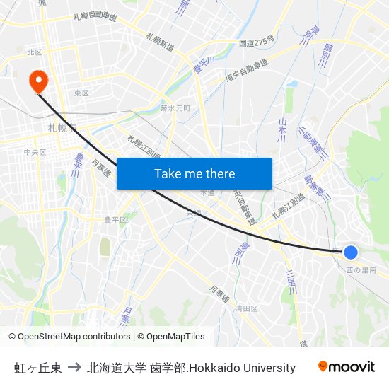 虹ヶ丘東 to 北海道大学 歯学部.Hokkaido Universitу map