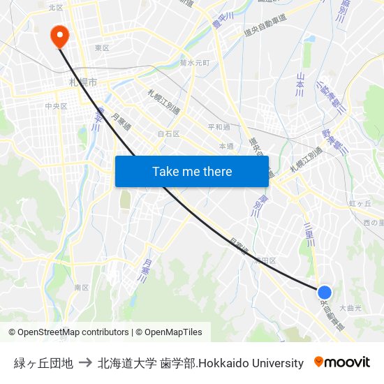 緑ヶ丘団地 to 北海道大学 歯学部.Hokkaido Universitу map