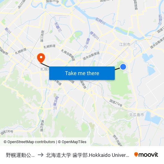 野幌運動公園 to 北海道大学 歯学部.Hokkaido Universitу map