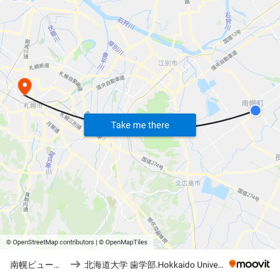 南幌ビューロー to 北海道大学 歯学部.Hokkaido Universitу map