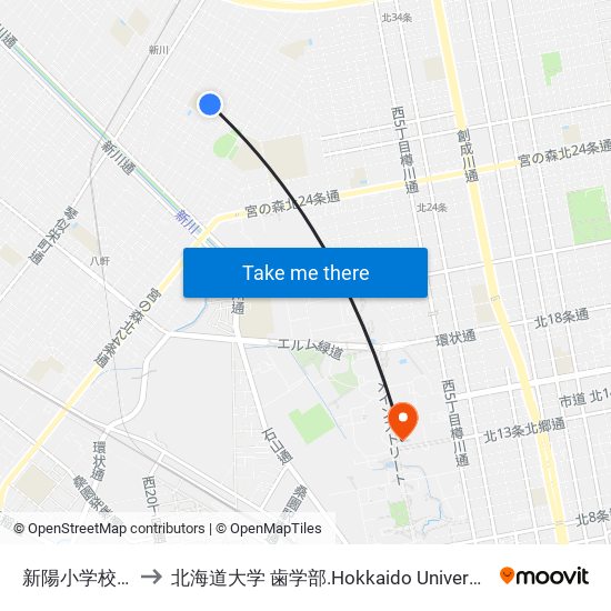 新陽小学校前 to 北海道大学 歯学部.Hokkaido Universitу map