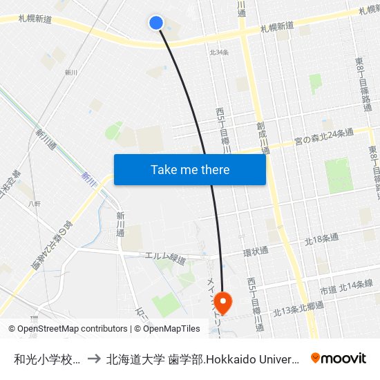 和光小学校前 to 北海道大学 歯学部.Hokkaido Universitу map