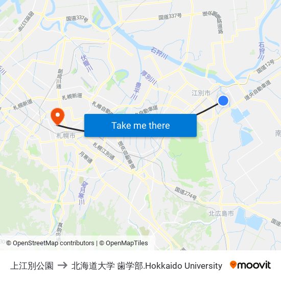上江別公園 to 北海道大学 歯学部.Hokkaido Universitу map