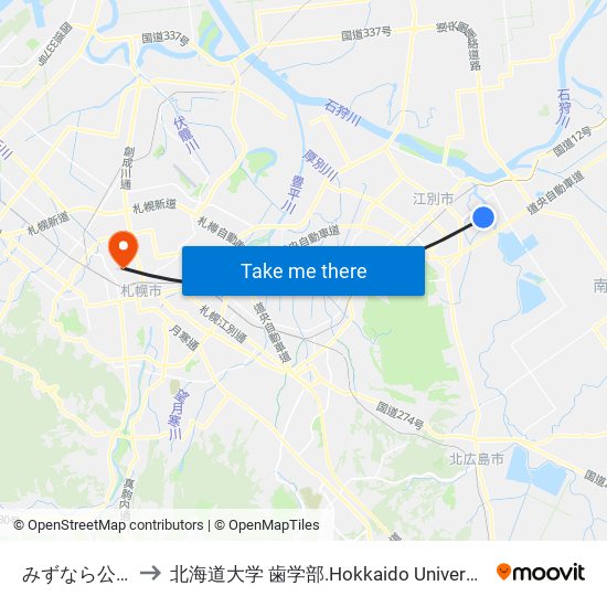 みずなら公園 to 北海道大学 歯学部.Hokkaido Universitу map