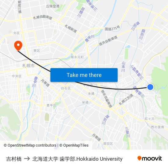 吉村橋 to 北海道大学 歯学部.Hokkaido Universitу map