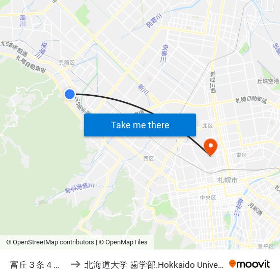 富丘３条４丁目 to 北海道大学 歯学部.Hokkaido Universitу map