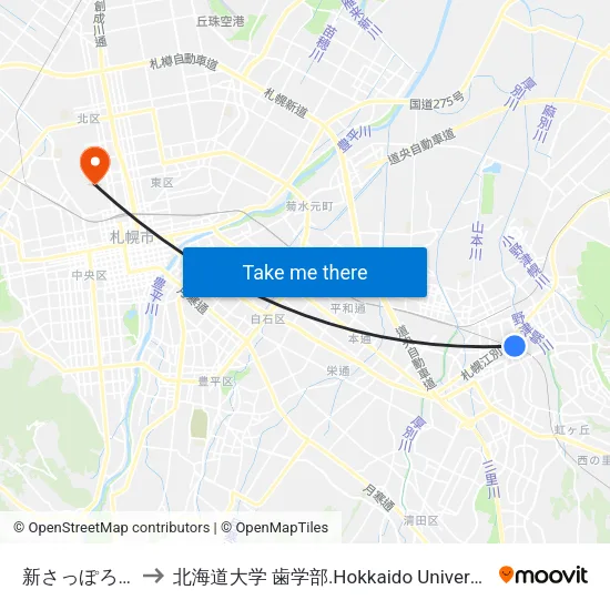新さっぽろ駅 to 北海道大学 歯学部.Hokkaido Universitу map