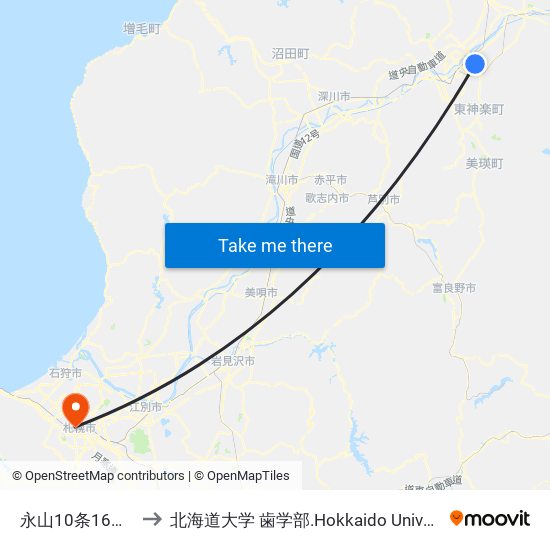 永山10条16丁目 to 北海道大学 歯学部.Hokkaido Universitу map