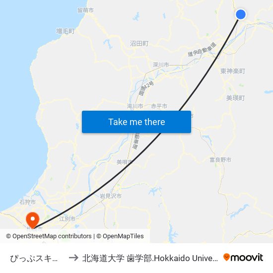 ぴっぷスキー場 to 北海道大学 歯学部.Hokkaido Universitу map