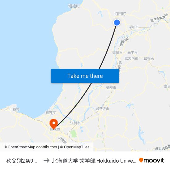 秩父別2条9丁目 to 北海道大学 歯学部.Hokkaido Universitу map