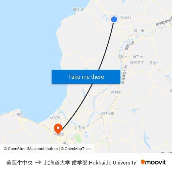 美葉牛中央 to 北海道大学 歯学部.Hokkaido Universitу map