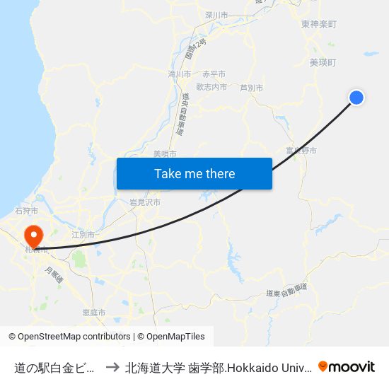 道の駅白金ビルケ to 北海道大学 歯学部.Hokkaido Universitу map