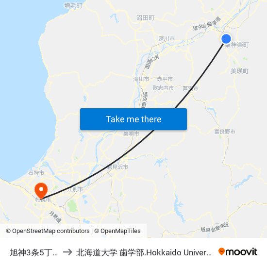 旭神3条5丁目 to 北海道大学 歯学部.Hokkaido Universitу map