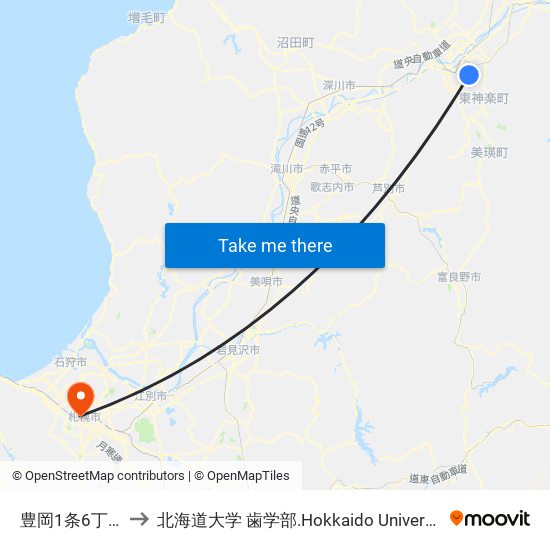 豊岡1条6丁目 to 北海道大学 歯学部.Hokkaido Universitу map