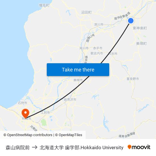 森山病院前 to 北海道大学 歯学部.Hokkaido Universitу map