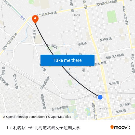 Ｊｒ札幌駅 to 北海道武蔵女子短期大学 map