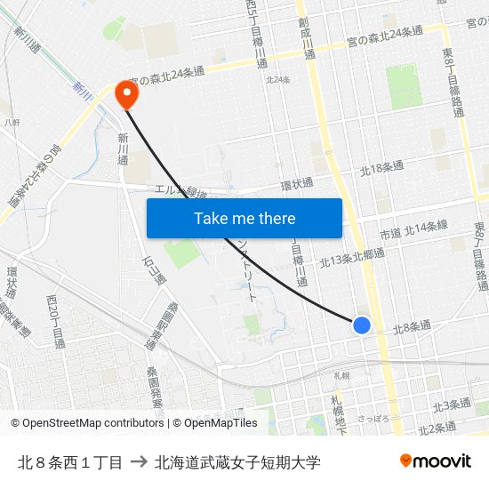北８条西１丁目 to 北海道武蔵女子短期大学 map