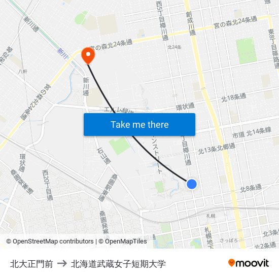 北大正門前 to 北海道武蔵女子短期大学 map