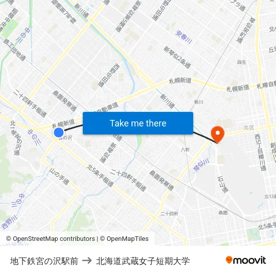 地下鉄宮の沢駅前 to 北海道武蔵女子短期大学 map