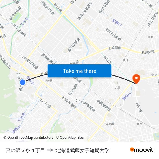 宮の沢３条４丁目 to 北海道武蔵女子短期大学 map