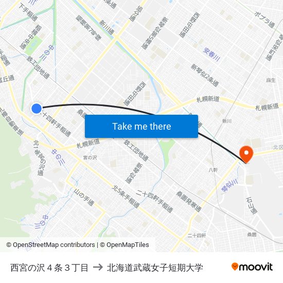 西宮の沢４条３丁目 to 北海道武蔵女子短期大学 map