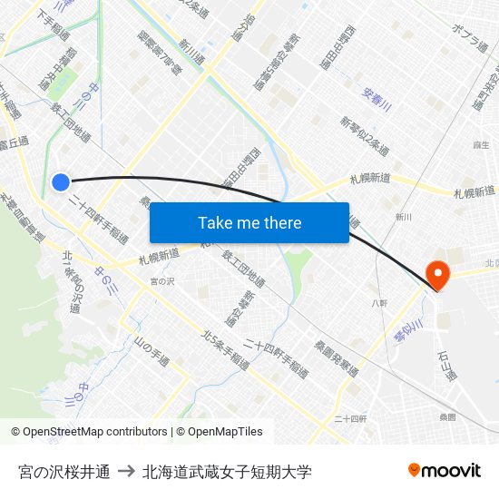 宮の沢桜井通 to 北海道武蔵女子短期大学 map
