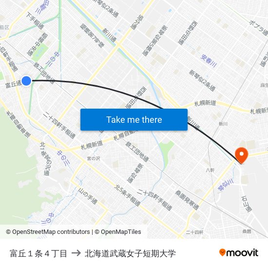 富丘１条４丁目 to 北海道武蔵女子短期大学 map