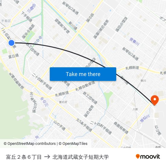 富丘２条６丁目 to 北海道武蔵女子短期大学 map