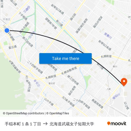 手稲本町１条１丁目 to 北海道武蔵女子短期大学 map