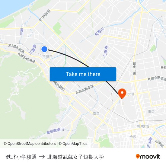 鉄北小学校通 to 北海道武蔵女子短期大学 map