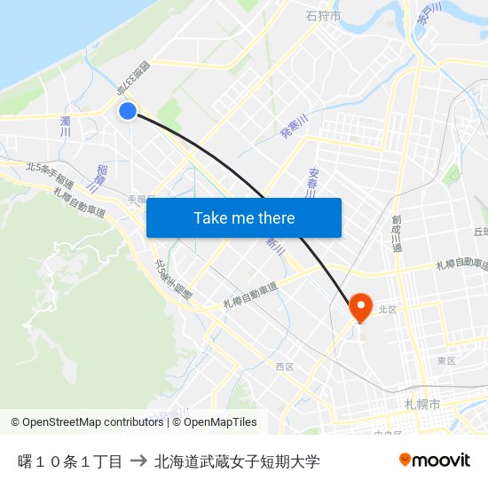 曙１０条１丁目 to 北海道武蔵女子短期大学 map