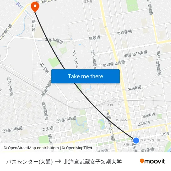 バスセンター(大通) to 北海道武蔵女子短期大学 map