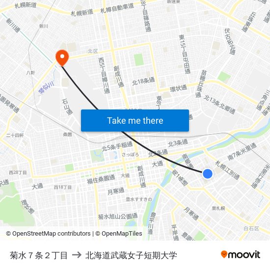 菊水７条２丁目 to 北海道武蔵女子短期大学 map