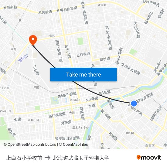 上白石小学校前 to 北海道武蔵女子短期大学 map