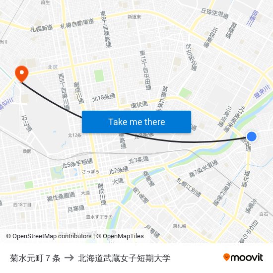 菊水元町７条 to 北海道武蔵女子短期大学 map