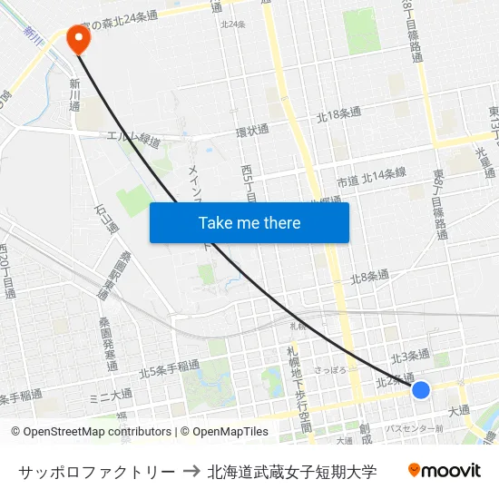 サッポロファクトリー to 北海道武蔵女子短期大学 map