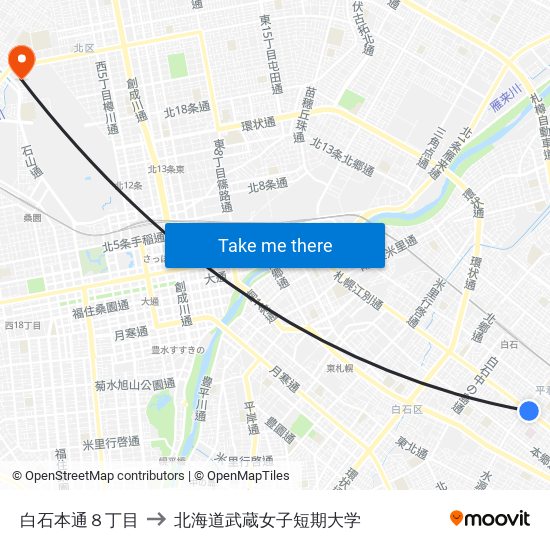 白石本通８丁目 to 北海道武蔵女子短期大学 map