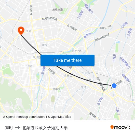 旭町 to 北海道武蔵女子短期大学 map