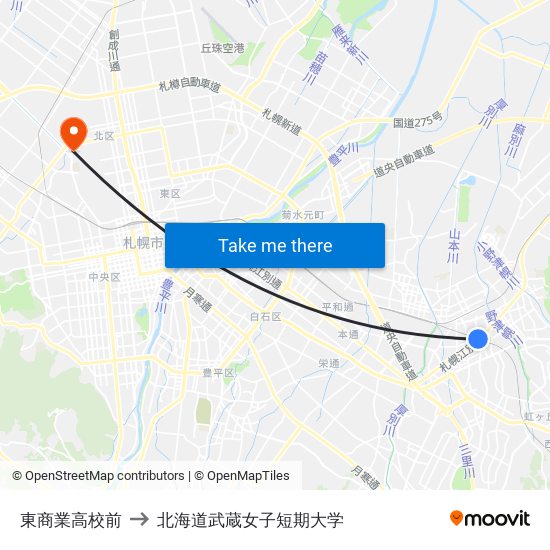 東商業高校前 to 北海道武蔵女子短期大学 map