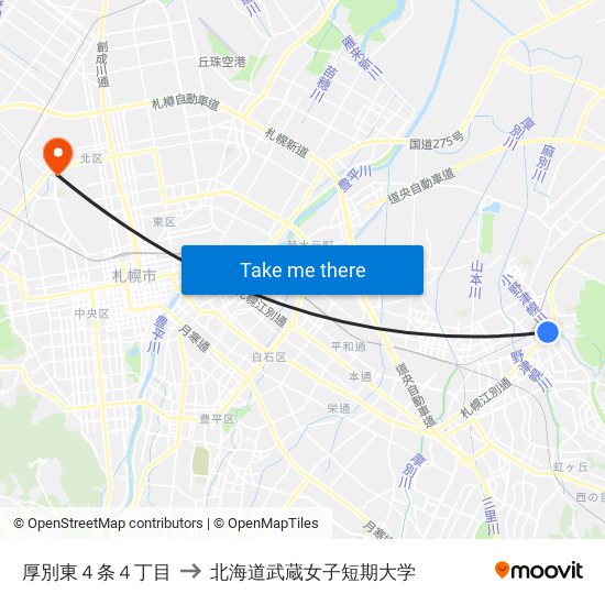 厚別東４条４丁目 to 北海道武蔵女子短期大学 map
