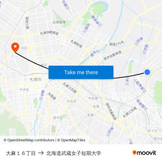 大麻１６丁目 to 北海道武蔵女子短期大学 map