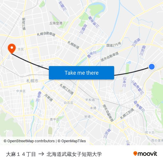 大麻１４丁目 to 北海道武蔵女子短期大学 map