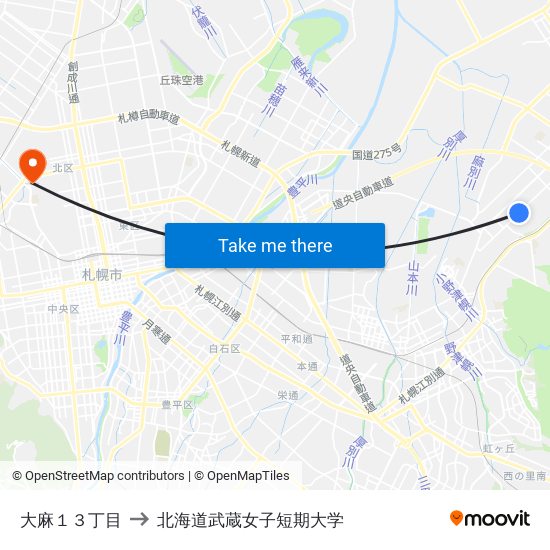 大麻１３丁目 to 北海道武蔵女子短期大学 map