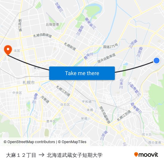 大麻１２丁目 to 北海道武蔵女子短期大学 map