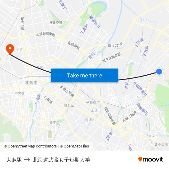 大麻駅 to 北海道武蔵女子短期大学 map